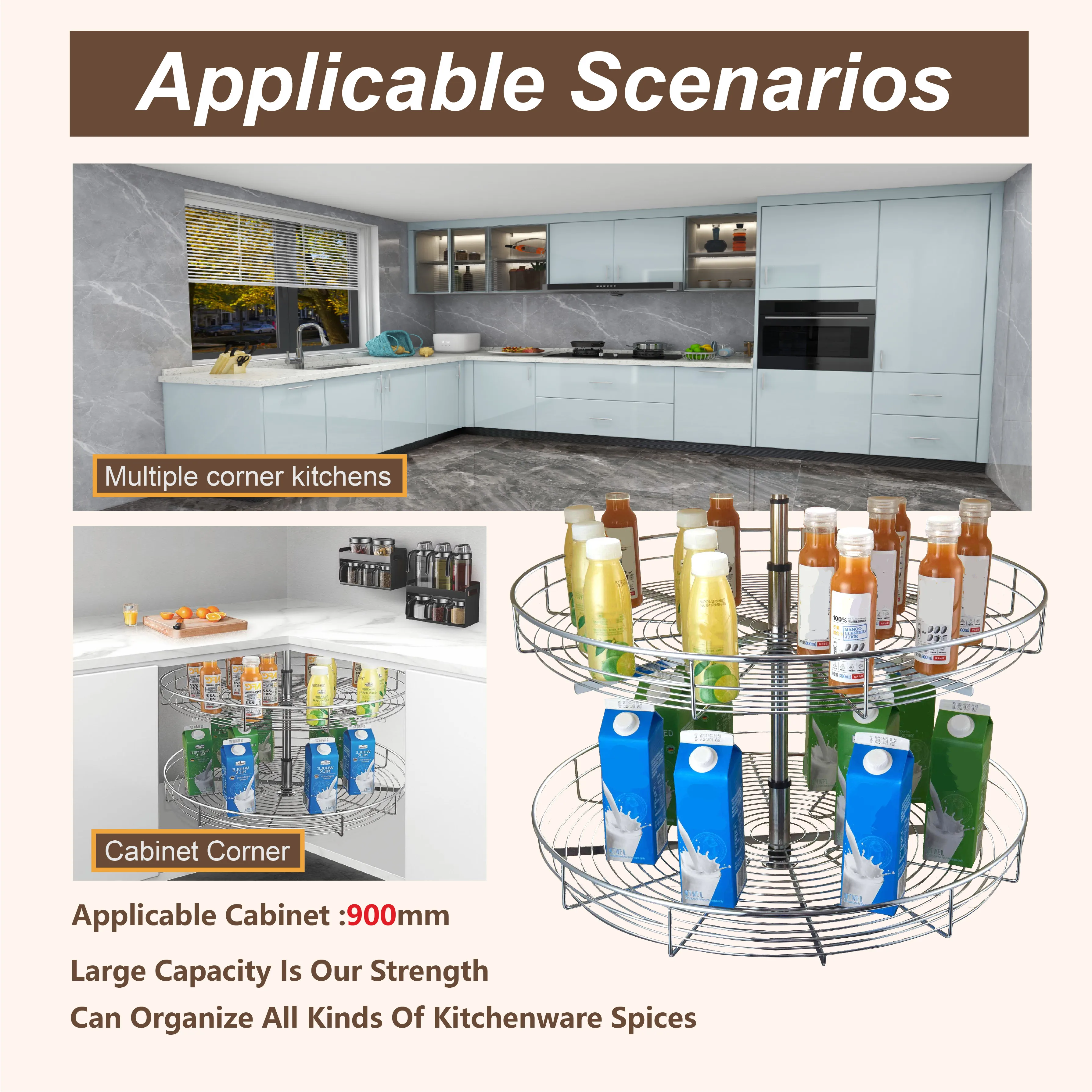 Adjustable Chrome Metal Wire Lazy Susan Spice Rack For Kitchen 360 Degree Revolving Tray Rotating Basket Cabinet Storage