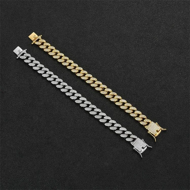 Stock real gold color miami jewelry brass 12mm width zircon cuban chain bracelet