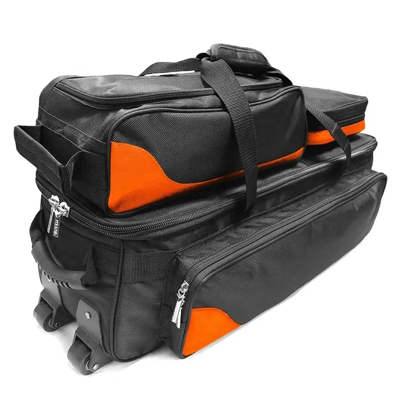 Durable deluxe double roller bowling bag detachable 3 ball bowling bag roller triple tote bags with wheels