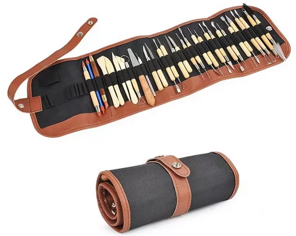Hot sale, 30pcs wooden handle clay sculpting tools DIY modeling tool pottery carving set in fabric storage bag