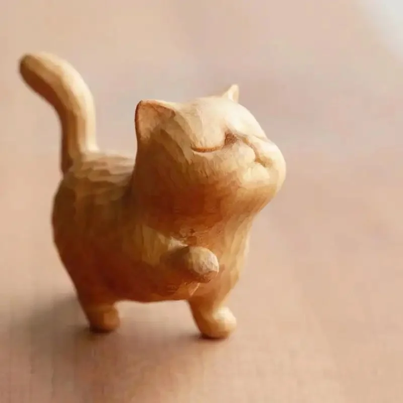 Hot selling Decoration Cat sculpture  wood carving cute animals wooden cat kitten figurine sculpture statue art crafts