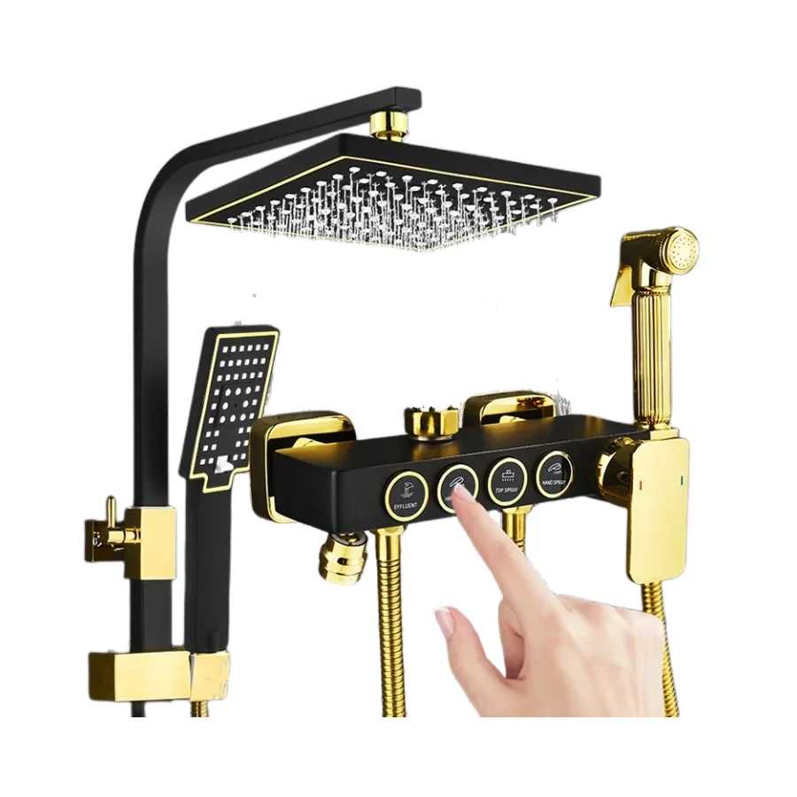 Bathroom Gold Bathing Luxury Shower Kit 4 Functions Piano Brass Shower Set Hot And Cold for Hotel