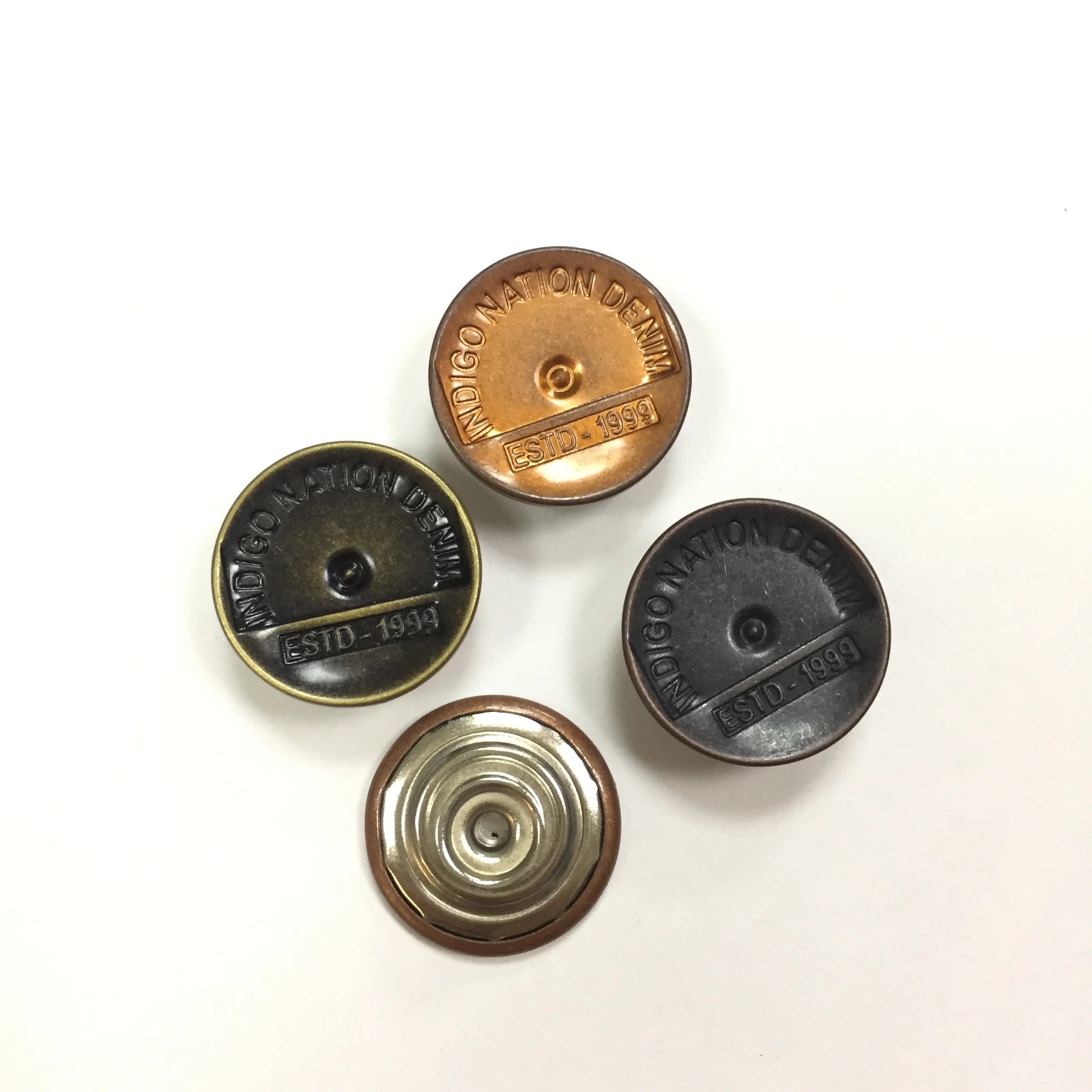 varies plating color oeko-tex qualified iron jeans button engraved logo custom buttons