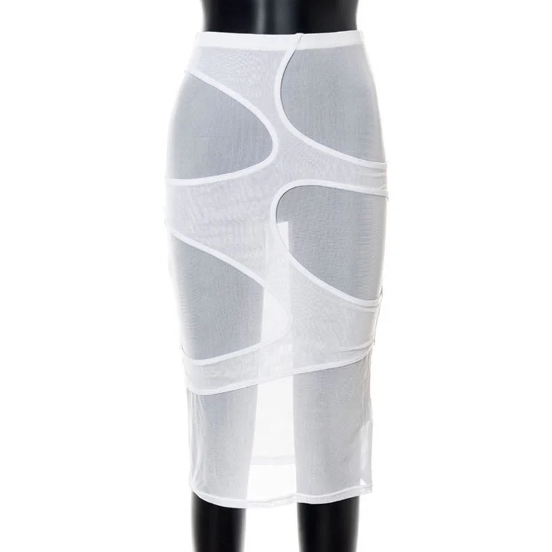 Wholesale 2021 summer new style solid color sexy skinny mid-waist mesh midi skirt