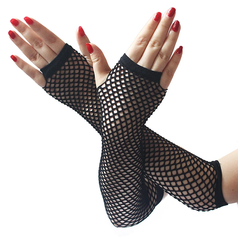 New Long Style Women Sexy Fingerless Colorful Lace Nylon Gloves Fishing Net Sexy Wedding Gloves