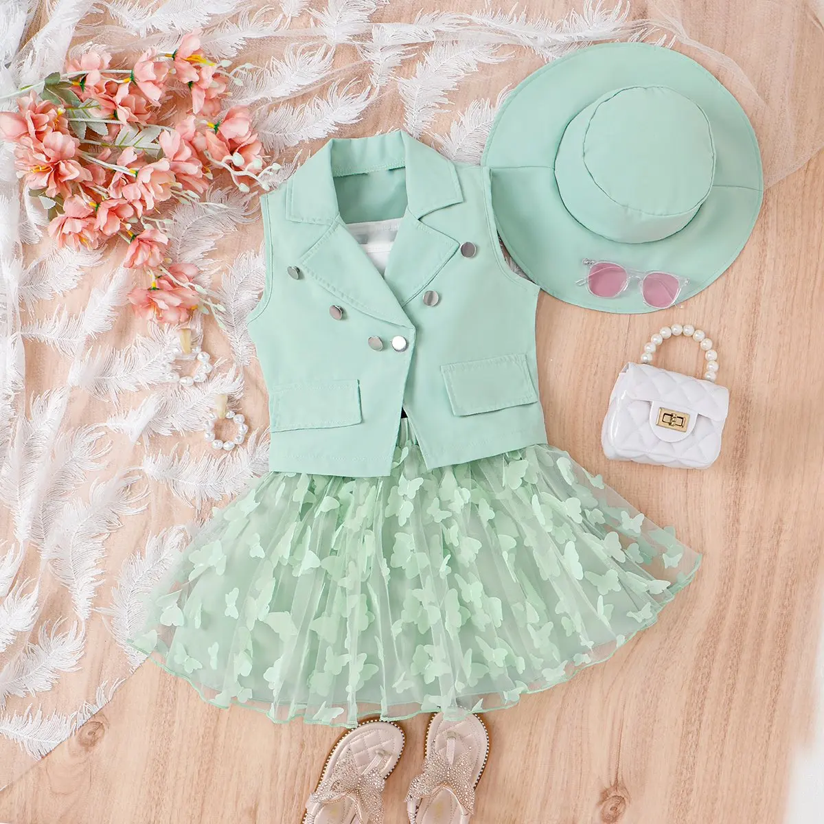 New Baby Clothes Girls Lapel Button Candy Color Butterfly Mesh Skirt Sleeveless Coat Vest Skirt Hat Four-Piece Baby Clothing Set