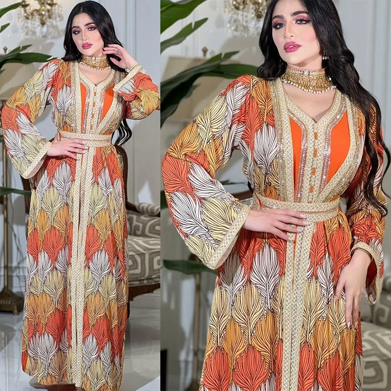 Luxury Eid 2 Pieces Abaya Sets Rhinestone Printed Caftan Jalabiya Kaftan Dress With Inner Liner Dress Prayer Islamic Clothing