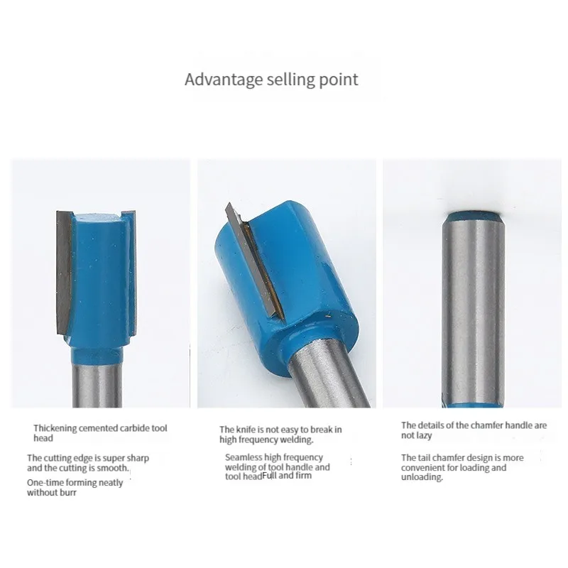 HENGLAI 1/4 1/2 Handle Blue Straight Knife Trimming Machine Head Woodworking Milling Cutter