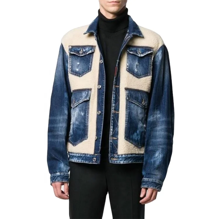 Custom printed patchwork berber fleece demin jacket for men