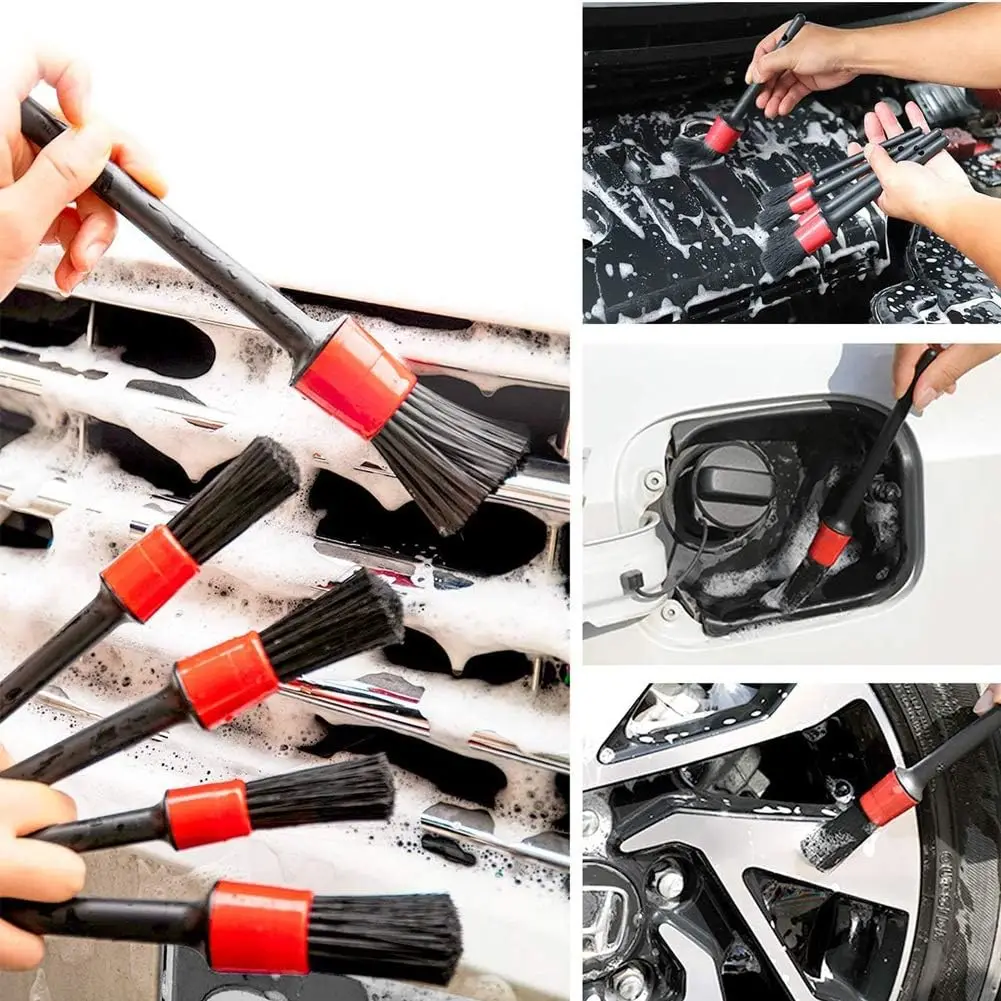 Car Detailing Brush Set Boar Hair Mixed Fiber Plastic Handle Automotive Detail Brushes Washing & Cleaning for Wheels, Interior