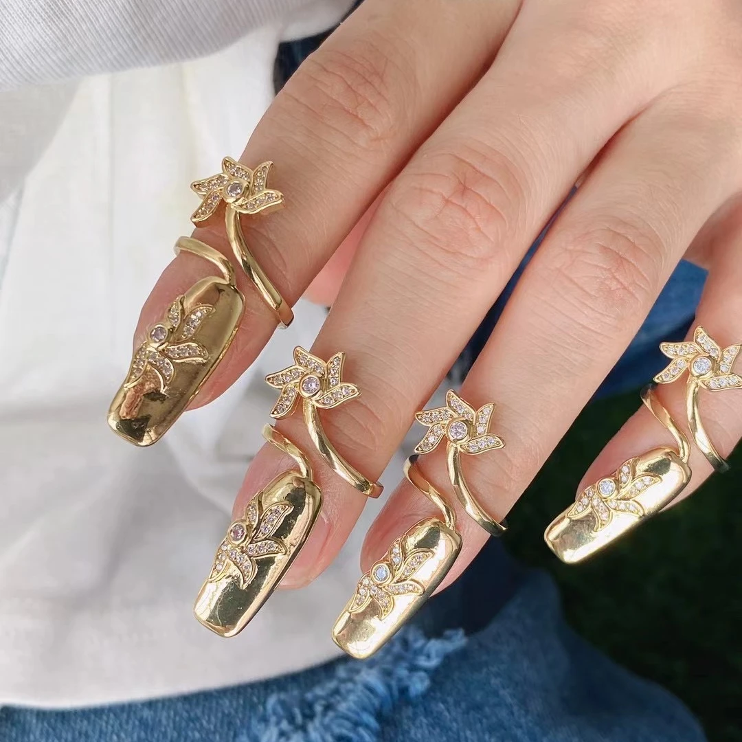 Fashion personalized new gold plated adjustable zircon open finger cz nail ring women Jewelry 2023