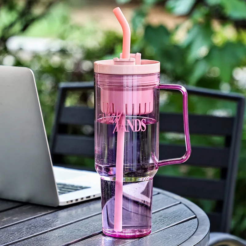 Корейская кружка термос с ручкой и двойной трубочкой для напитков большая емкость активного отдыха кофе девушек