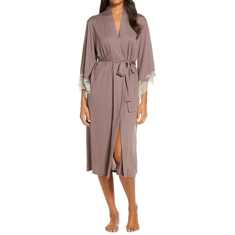 Wholesales long robes lady Sleepwear Soft Rayon Bamboo Fabric Lace trim Long Bridesmaid Robes Women
