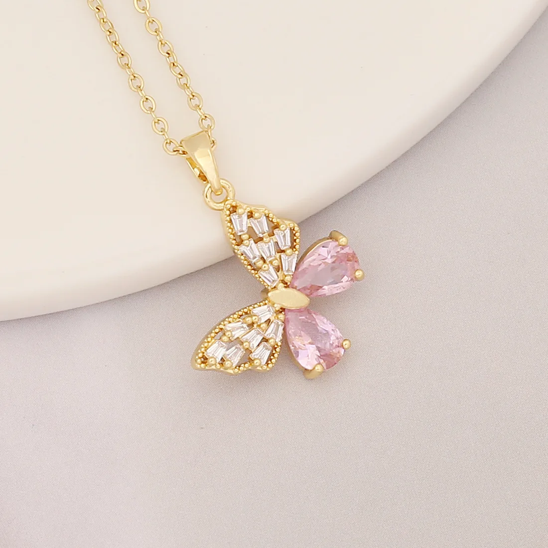 Purple Crystal Heart Butterfly Flower Rabbit Pendant Necklace Fashion Necklace for Women Jewelry 18k Gold Brass CLASSIC Zircon