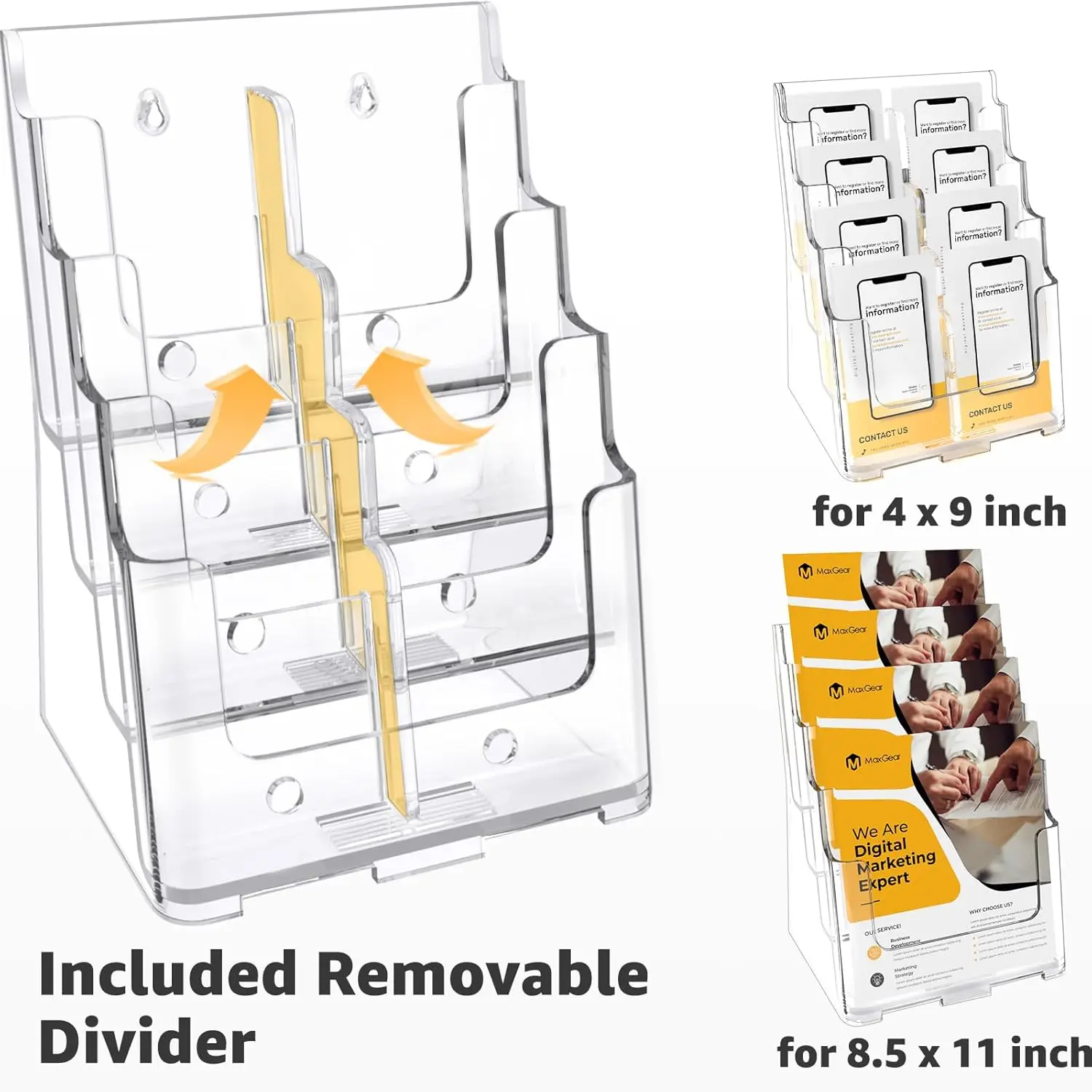 Acrylic Brochure Holder 8.5 x 11 inch, 4 Tier Clear Literature Organizer Magazine Stand with Removable Divider for 4 x 9 inch