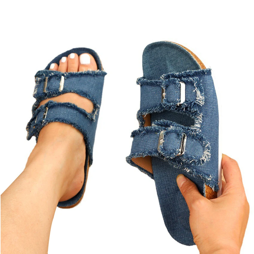 Women Shoes  Cork  Buckle Dual Strap Two Band Slip On Espadrille Slide Flat Sandals