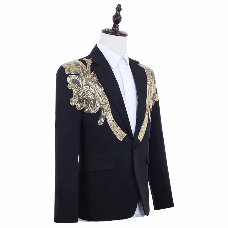 Men Classic Black Gold Sequins Suit Coat Latest Design Singers Perform Stage Jacket Dinner Party Wedding Costume Homme