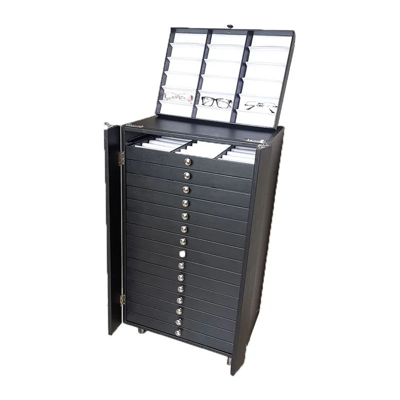 Lockable Sunglasses Display Organiser Box, 16 Tiers and 288 Slots with Lock and Wheel, Eyeglasses Spectacles Storage Cabinet