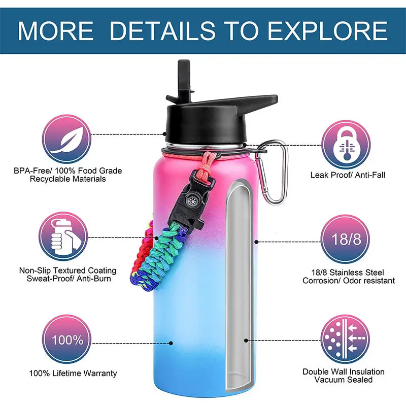 Customized 3 Lids Stainless Steel Vacuum Flask Water Bottle Insulated Sports Bottle