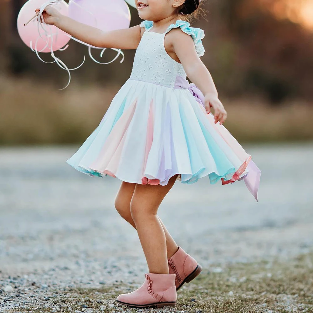 Spring Girls Dress Brand New Arrival Kids Pastel Rainbow Dress Cotton Ankle-length Princess Dress Kid Clothing Girl Casual