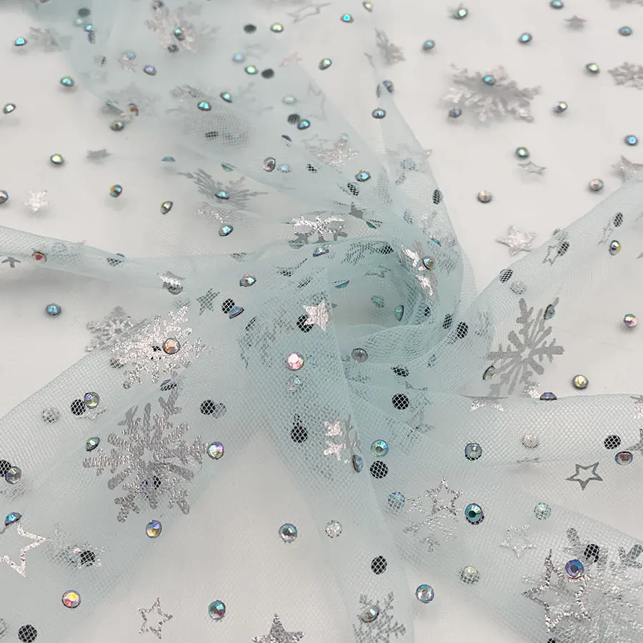 New Arrival kids elsa princess dress decorate cloth fancy glitter tulle snow printing mesh foil fabric with rhinestone