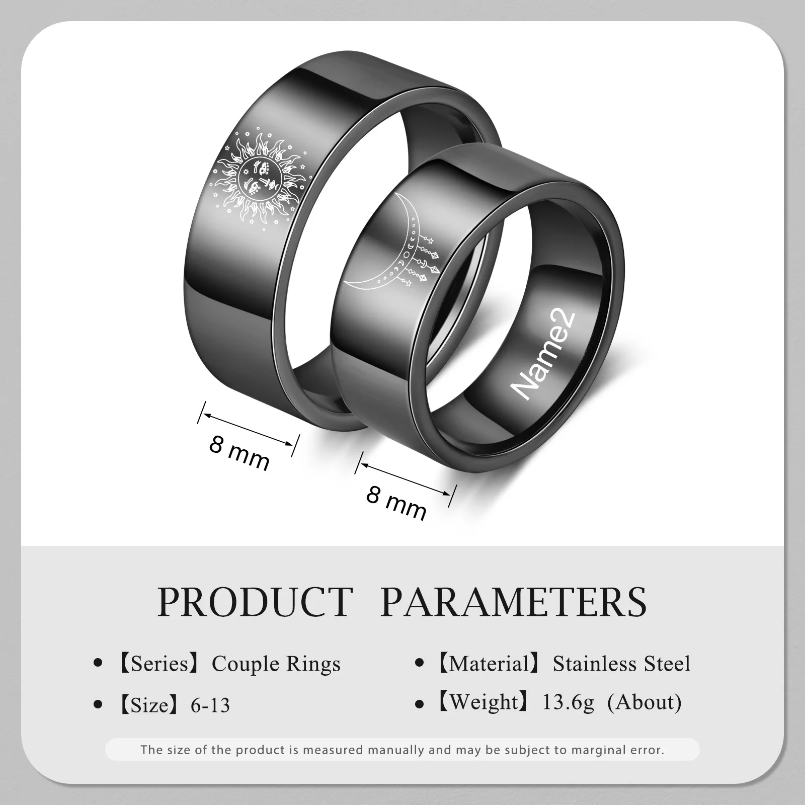 Wholesale Supplier Custom Sun and Moon Finger Ring Stainless Steel Wedding Couple Rings