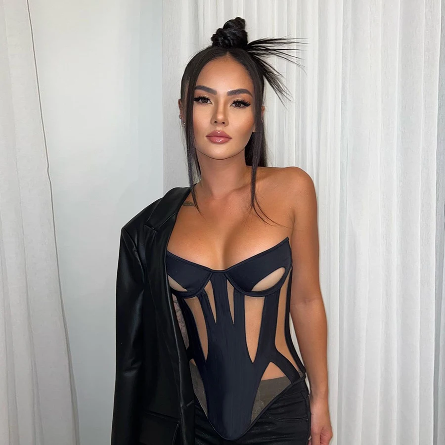 22292 Women Clothes Mesh See Through Wrapped Chest Sexy Lady Corset Top Party Clubwear Slim Fit Women Top