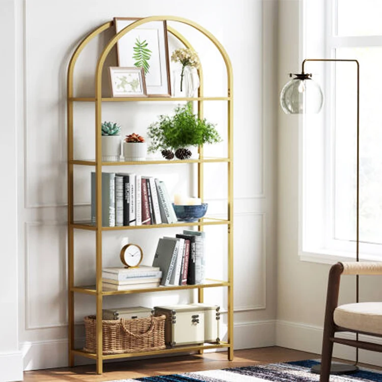 Living Room Office Simple Design Gold Black Iron Glass Arched Bookshelf Floor Standing Bookcase Shelf 5-Tier Bookcase
