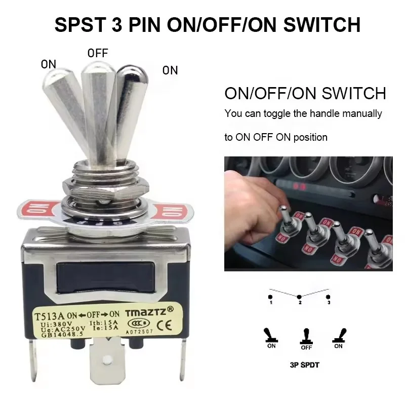 3 Pin Waterproof 250V 15A 125V 20A Metal On Off On locking 12mm Car Dash SPST Toggle Switch for