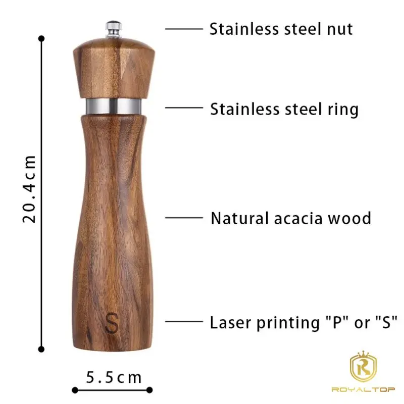 Kitchen Acacia Wood Manual Pepper & Salt Shaker Wooden Salt and Pepper Grinders 8 Inch Black Pepper Mill with Custom Gift Box