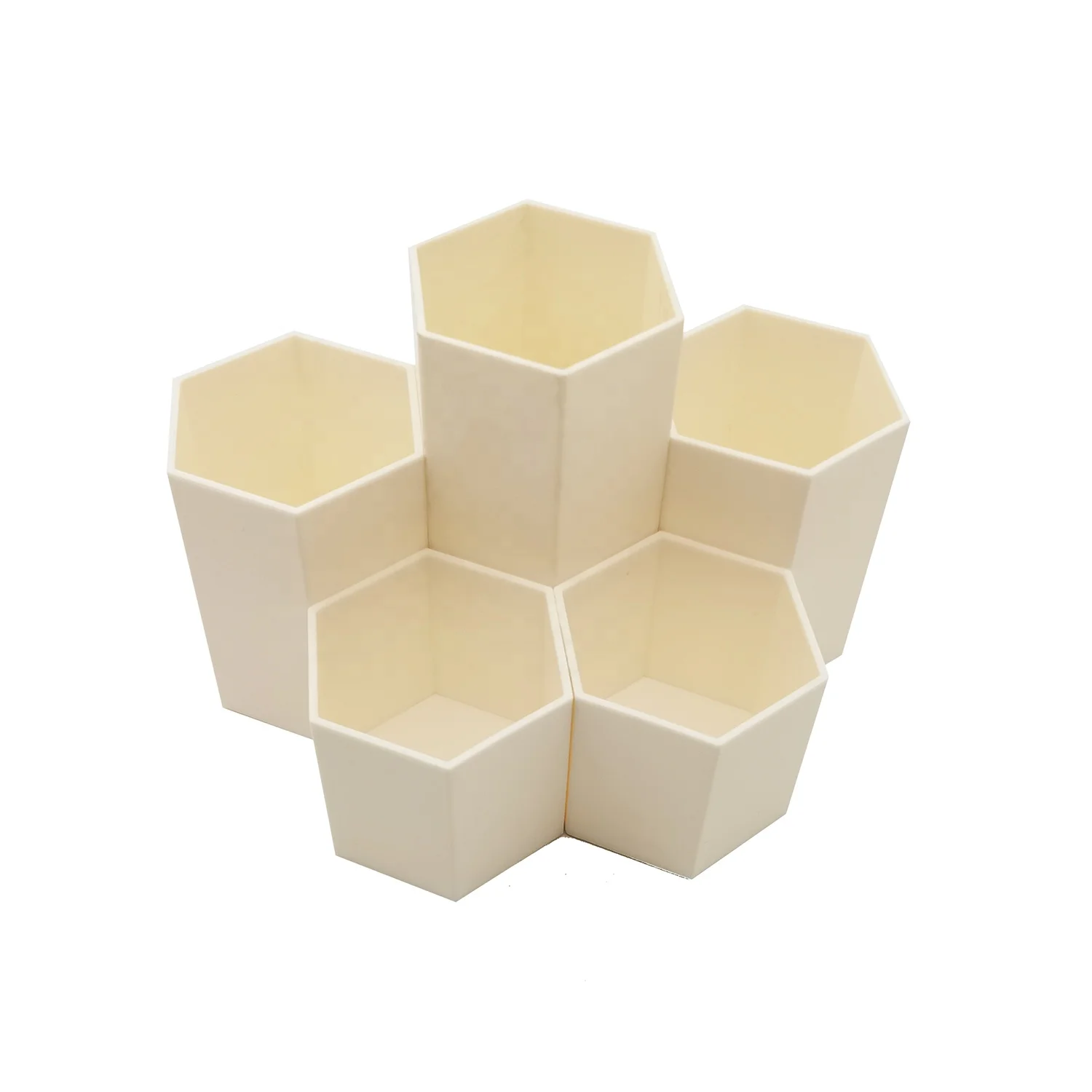 High quality white hexagonal shape fancy creative custom containers pen holder plastic office pencil holder table organizer
