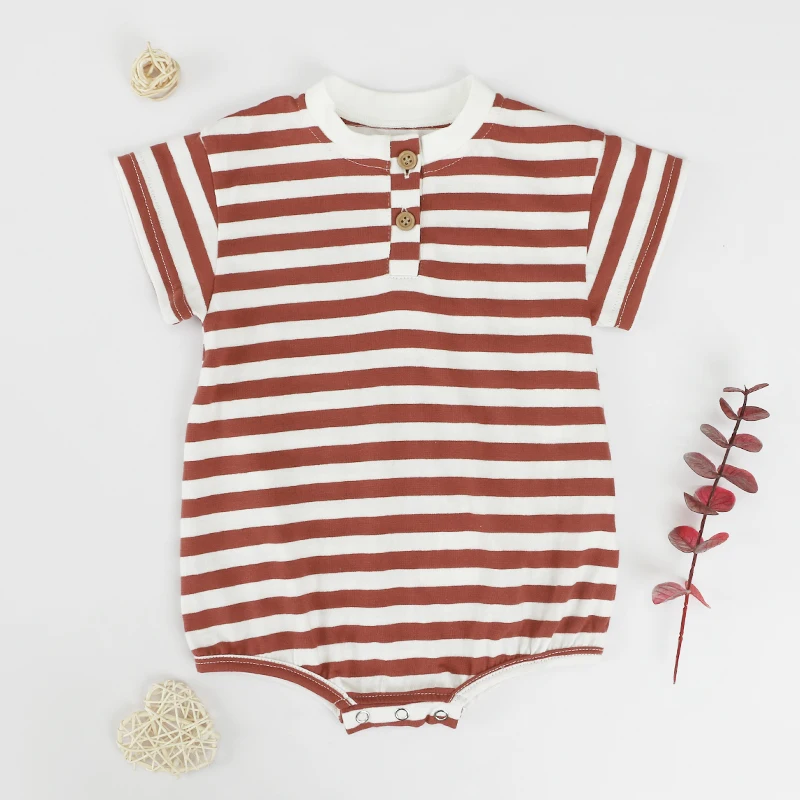 Hot Wholesale Custom Label Babies Jumpsuit Summer Short T-shirt Stripe Infant Toddler Cotton Baby Rompers