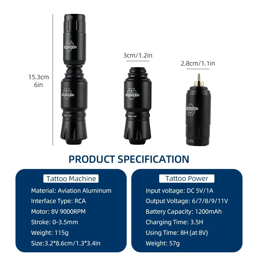 9000RPM Mini Rocket Tattoo Machine Set 1200mAh Wireless Tattoo Power Supply Voltage Display RCA Interface Rotary Tattoo Pen Kit