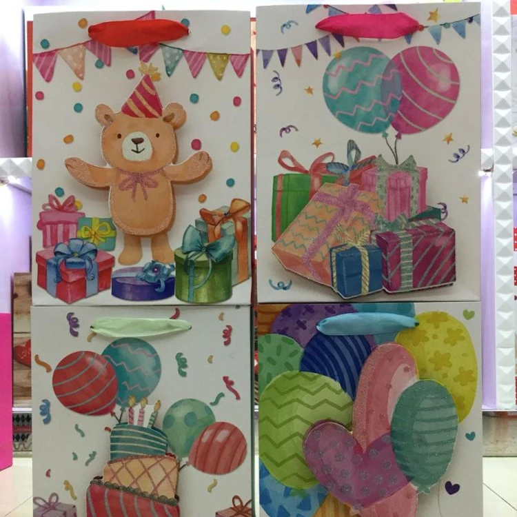 Wholesale custom happy birthday series 3D pattern glitter shopping gift paper bags for kids