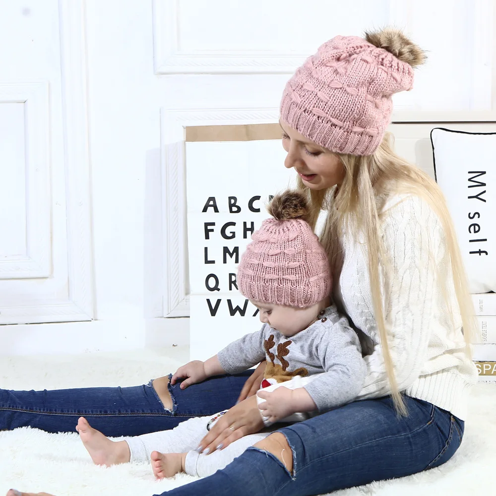 High Quality Autumn Winter Two-Piece Family Hat Soft Warm Mohair Winter Beanies Solid Knitted Parent Child Hats