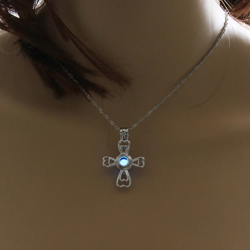 Glow In The Dark Double Hollow Love Heart Cross Cage Locket  Pendant Necklace For Women Men
