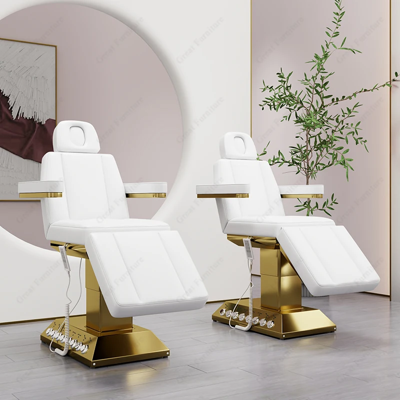 Luxury White PU Leather Electric Massage Table Gold Stainless Steel Base Massage Facial Beauty Spa Bed With 4 Motors