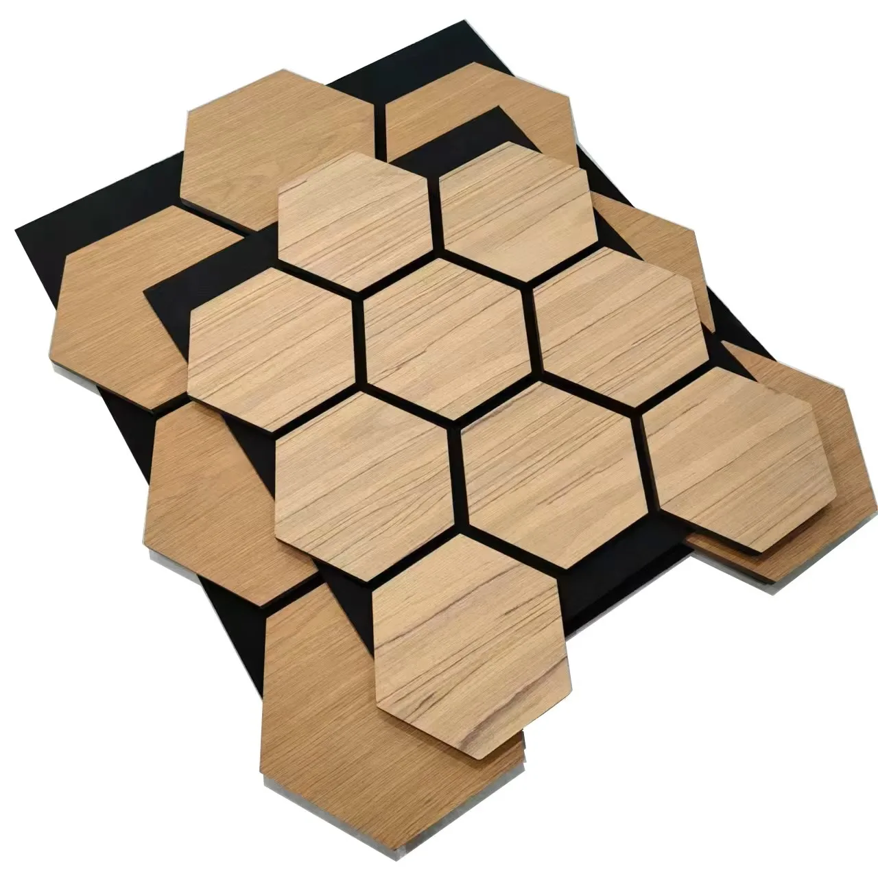 Art studio decorative 3d hexagon wood pvc veneer mdf soundproof wall paneling sheet acoustic panels