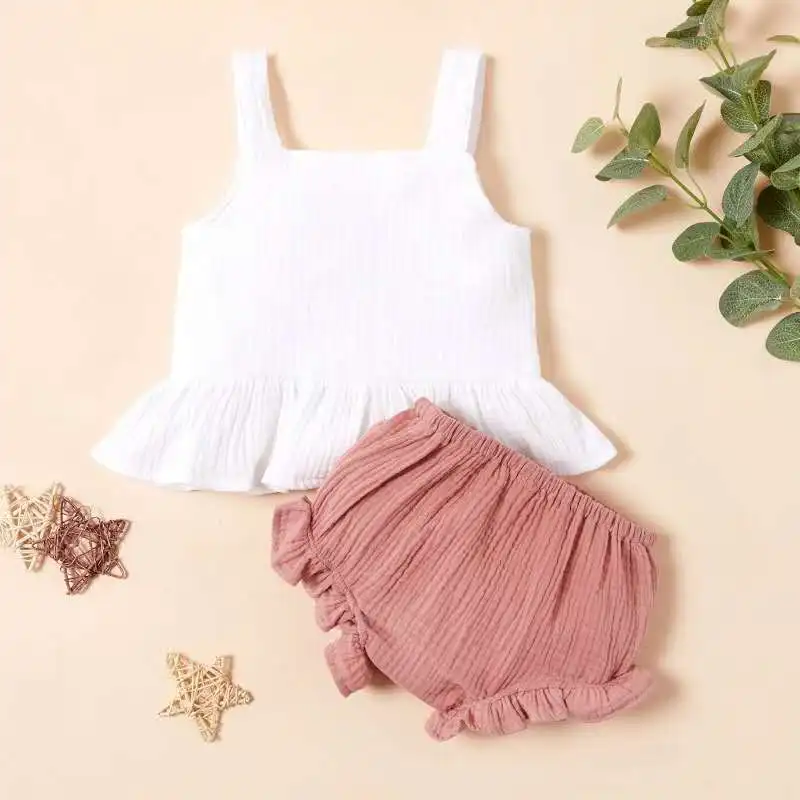 
Sleeveless Dress And Pants Outfits Summer linen cotton baby girl sling two-piece set 
