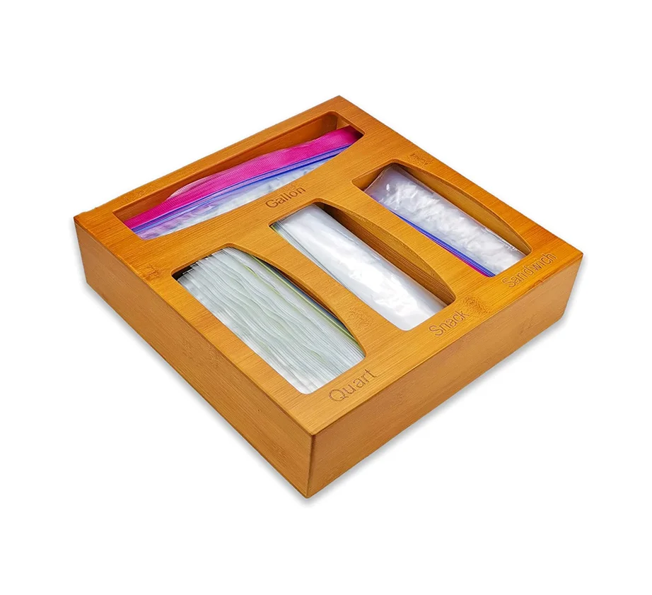 2021 Christmas Gifts Bamboo Ziplock Bag Storage Organizer Dispenser for Kitchen Drawer