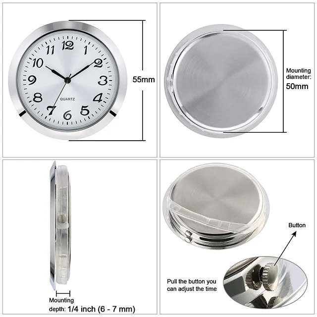 2-1/5 Inch (55mm) Round Quartz Clock Insert Mini Quartz Movement Insert Watch with Arabic Numerals Fit 50 mm Diameter Hole