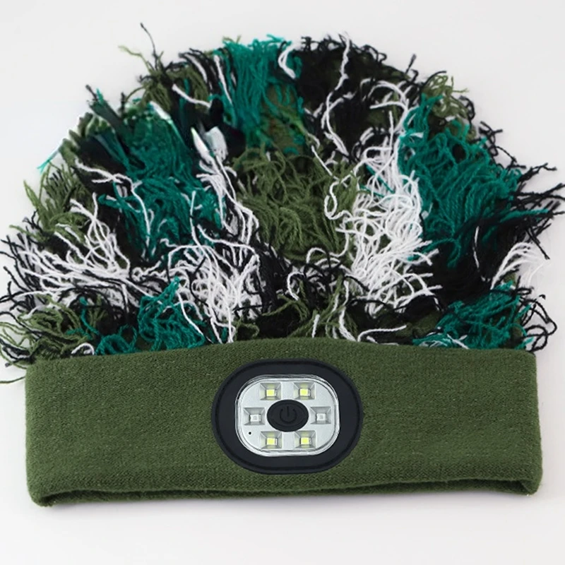Camouflage Distressed Balaclava Wool Knit Winter Head Lamp Lighted Beanie Hat Camo LED Flashlight Beanie with Light