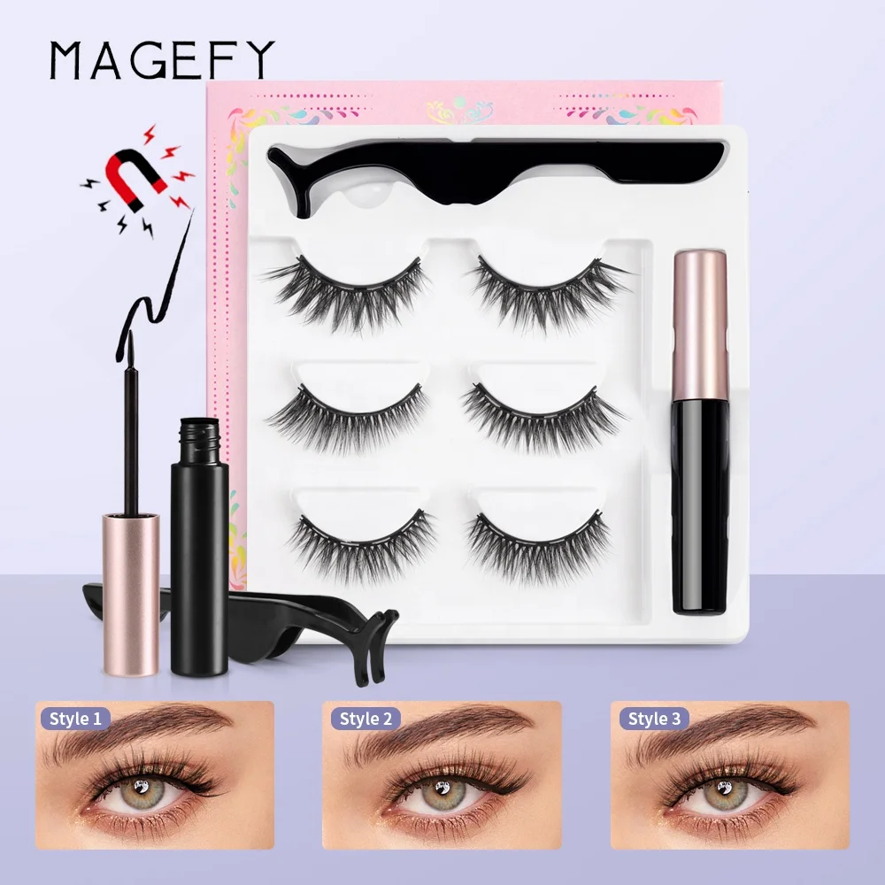 MAGEFY magnetic eyelashes wholesale newest 3 pairs pack 3d magnetic eyelashes and eyeliner set