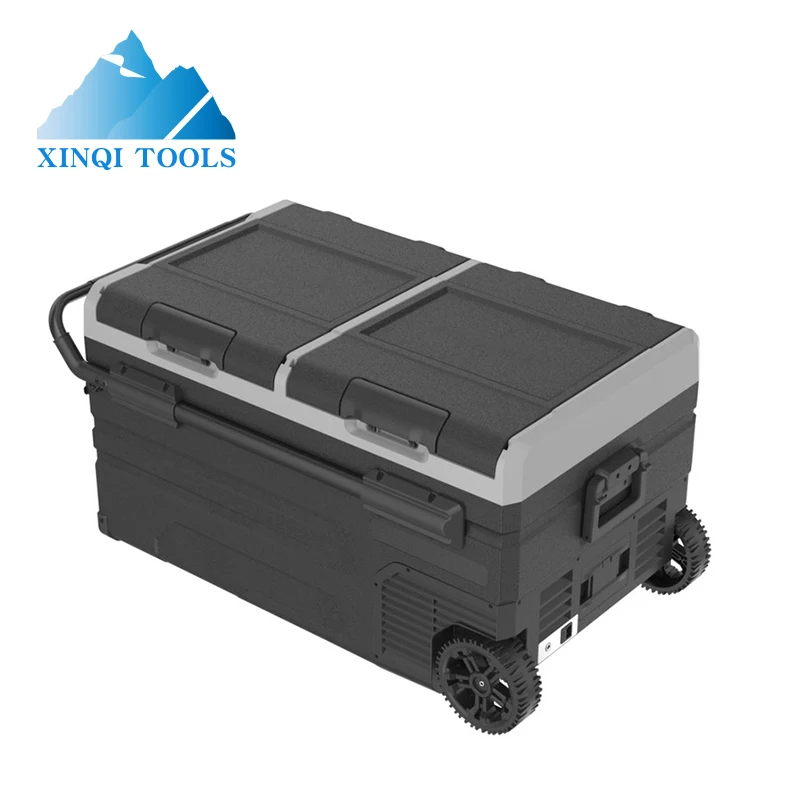 XINQI 75L DUAL ZONE PORTABLE FRIDGE OR FREEZER WITH SOLAR CHARGER BOARD PLUS HANDLE+WHEELS AND BATTERY