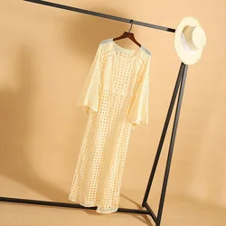 Womens Knitted Bikini Cover ups Bell Sleeve Hollow Out Beach Bathing Suit Long Maxi Dress Side Split Dresses