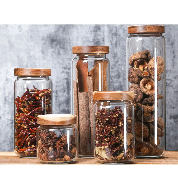 Borosilicate Glass Storage Jar With Bamboo Lid For Tube Shaped Glass Storage Jar For Glass Spice Jar With Wooden Lid