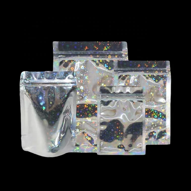 smell proof zip lock Packaging ziplock aluminum zip recycled silver color holographic transparent mylar bags custom printed
