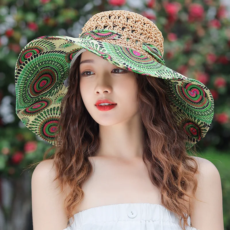 Y207114 Fashion Hook Printing Travel Hats Sun Sunshade Bowknot Straw Summer Wide Brim Beach Hats Women Floral