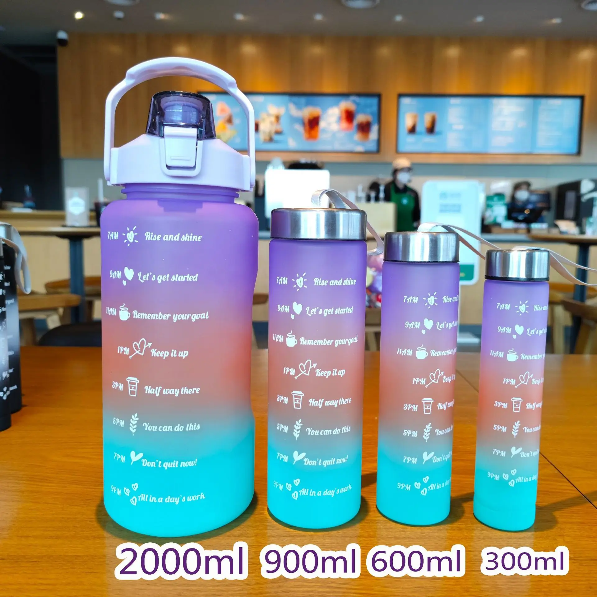 4 IN 1 Set Motivational Gradient BPA FREE GYM Fitness Sports Leakproof Wide Mouth Tritan Plastic Water Bottle with Time Marker
