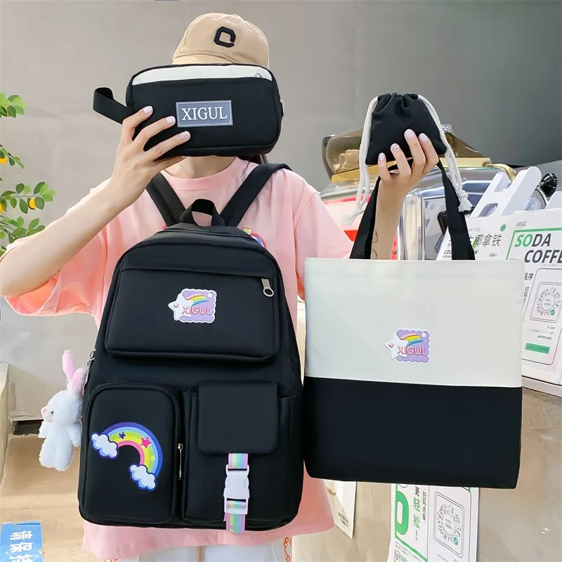 Wholesale  Manufacturing 4 in 1 Nylon Teens Custom Logo Back Packs School Black Bag School